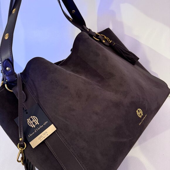 NWT HOUSE OF HARLOW 1960 LUXE TOTE SHOULDER BAG HOBO CARD CASE BROWN FAUX SUEDE - Picture 4 of 8